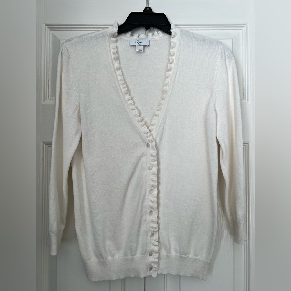 Ann Taylor Loft Off-White Button Up Cardigan with Ruffle Detail, Size M